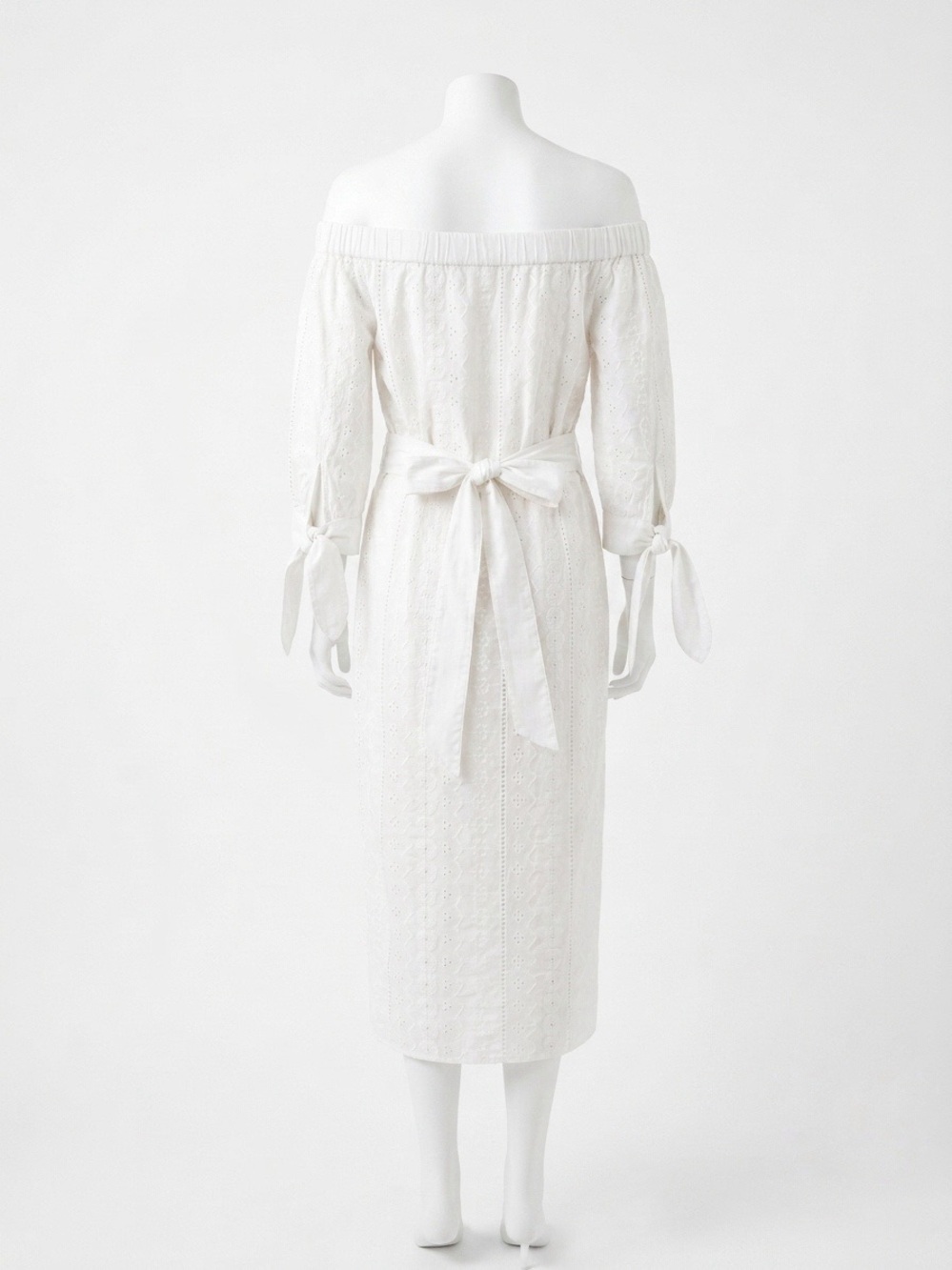NWOT The Yellow Hanger White Eyelet Off-the-Shoulder Midi Dress Tie Waist Midi